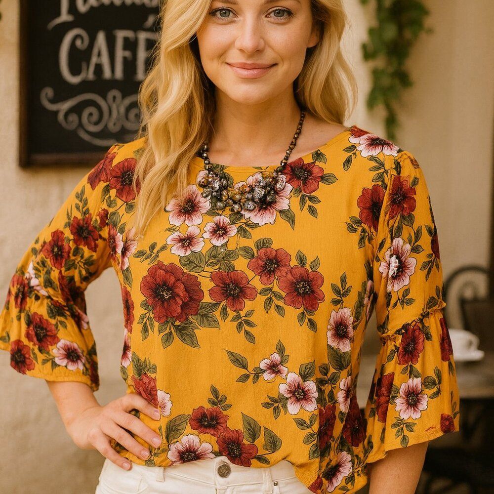 Charlette Russe Mustard Floral Bell-Sleeve Off-Shoulder Crop Top Size Small